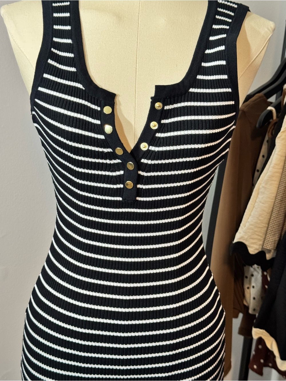 Love Tree Black and White Striped Ribbed Mini Dress with Gold Buttons